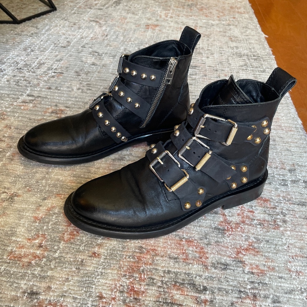 Zadig & Voltaire Women's Laureen Buckle Leather Studded Ankle Booties Size 10